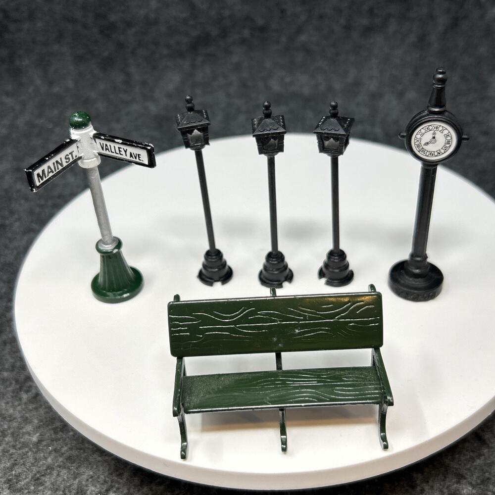 Vintage Mini Metal Christmas Village Accessories 6Pc Bench Lamp Post Street Sign